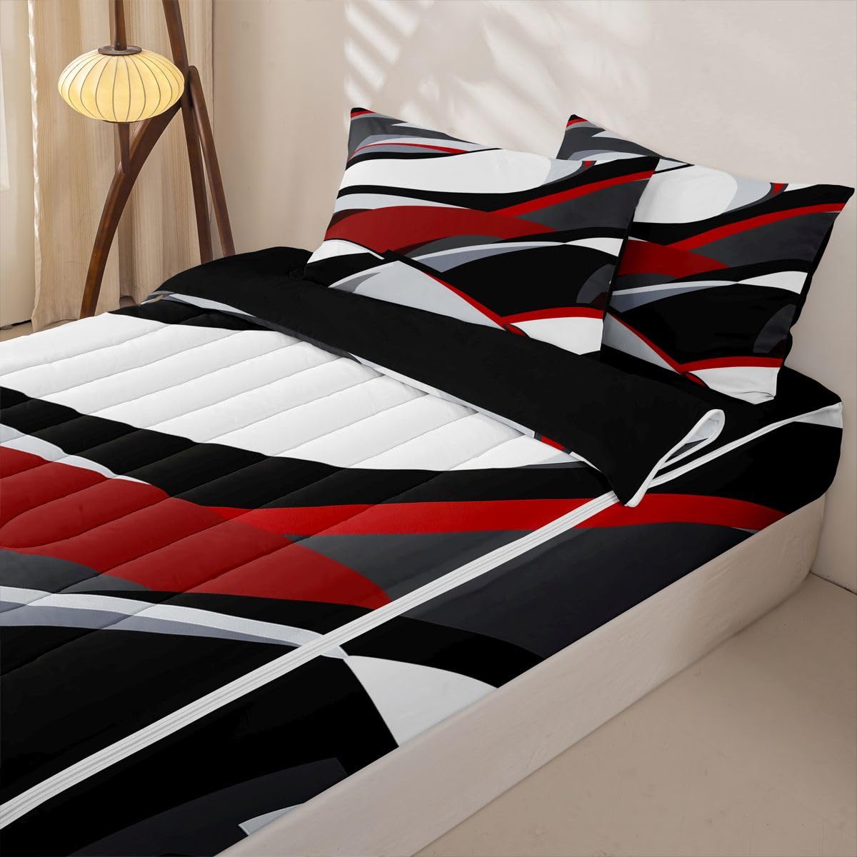 Abstract Geometric Striped Zip Up Bedding Set Full Watercolor Graffiti Geometric Comforter Set With Sheets Red Black Grey White Bed In A Bag,Brush Strokes Graffiti bed sets With 2 Pillowcases