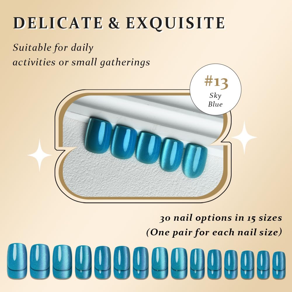 evpct Sky Blue Cat Eye Extra Short Square Press on Nails, Perfectly Fit Short Square Stick on Nails for Women, Glossy Blue Holographic Fake Nails Reusable Gel Press on Acrylic Fake Nail with Designs