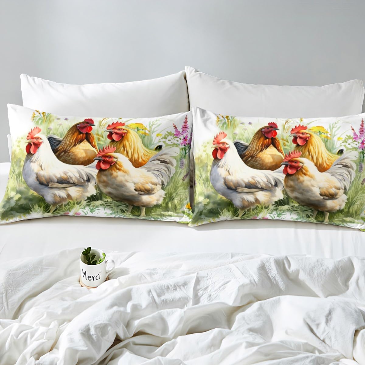 Rustic Chicken Sheet Set for Kids Boys Girls,Watercolor Rooster Bed Sheets Full,Farmhouse Animal Bedding Set,Botanical Flower Leaves Fitted Sheet Deep Pocket + Top Sheet + 2 Pillowcases Soft