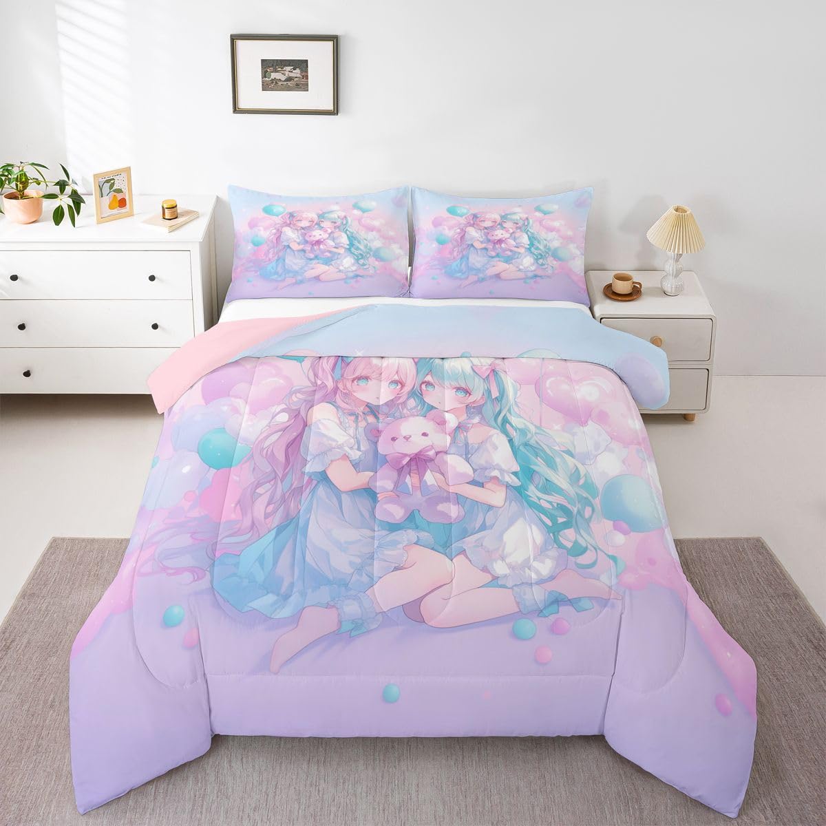 Erosebridal Anime Girl Kids Bedding | Girly Friendship Full Comforter Sets,Fantasy Dreamy Girls Comforter Romance Ballons Duvet Insert with 2 Pillow Cases