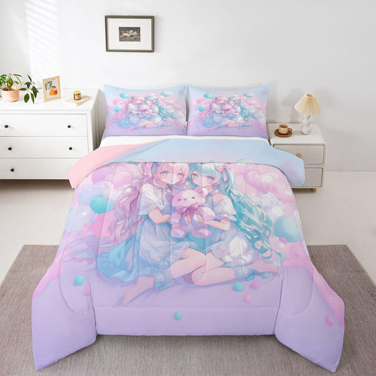 Erosebridal Anime Girl Kids Bedding | Girly Friendship Full Comforter Sets,Fantasy Dreamy Girls Comforter Romance Ballons Duvet Insert with 2 Pillow Cases