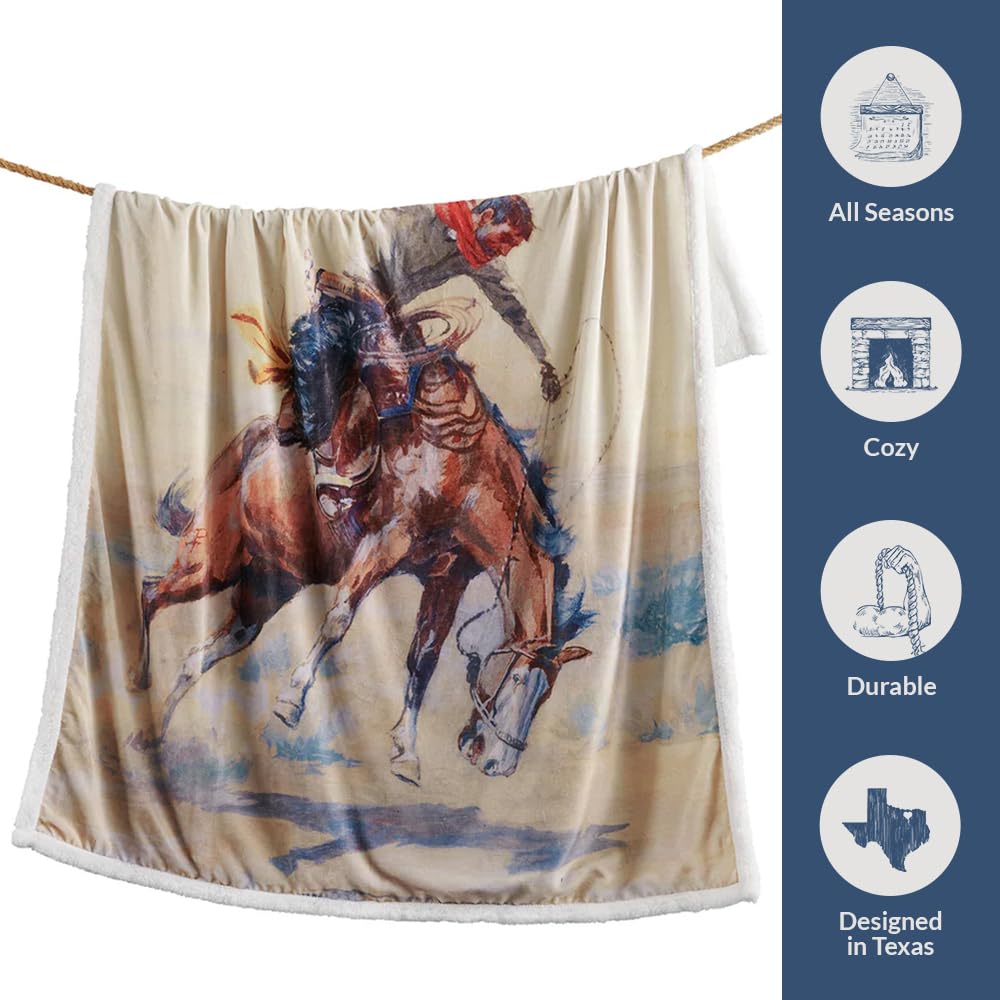 Indigo Hill by HiEnd Accents Buster 3 Piece Sherpa Western Throw Blanket Set, Cowboy Horse Print, Cream Blue Fleece Western Blanket with Pillows, Rustic Southwestern Style, 1 Throw and 2 Pillows
