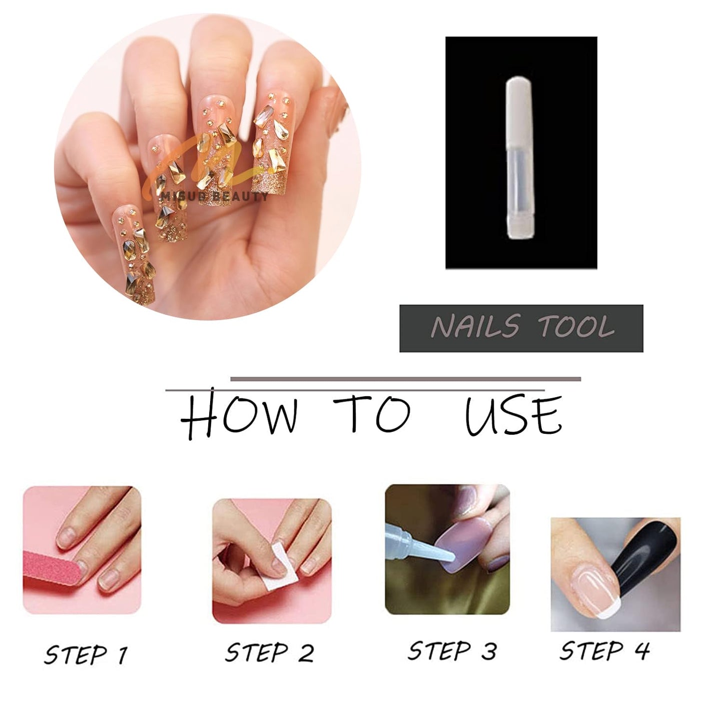 MISUD Press on Nails - Long Square Glue on Nails with Bling Gold Glitter, Acrylic Luxury Rhinestone Design 24 pcs