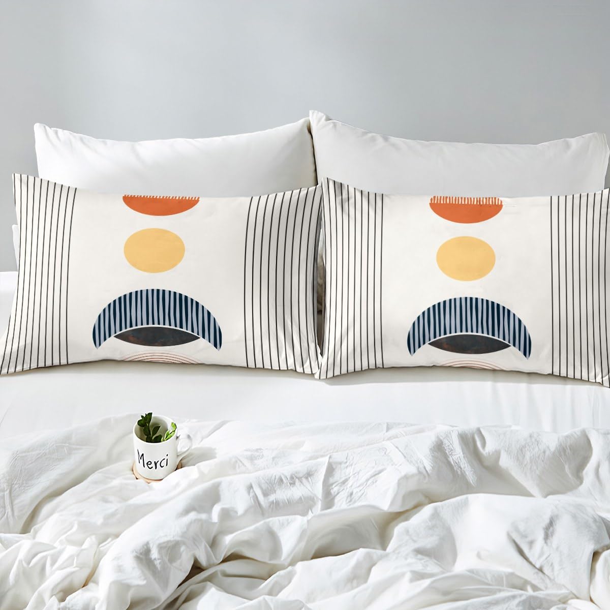 Erosebridal Modern Moon Print Bedding Sets Queen Mid Century Comforter Cover, Abstract Art Bed Set Geometric Stripe Duvet Cover, Aesthetic Quilt Cover (Zipper Closure)