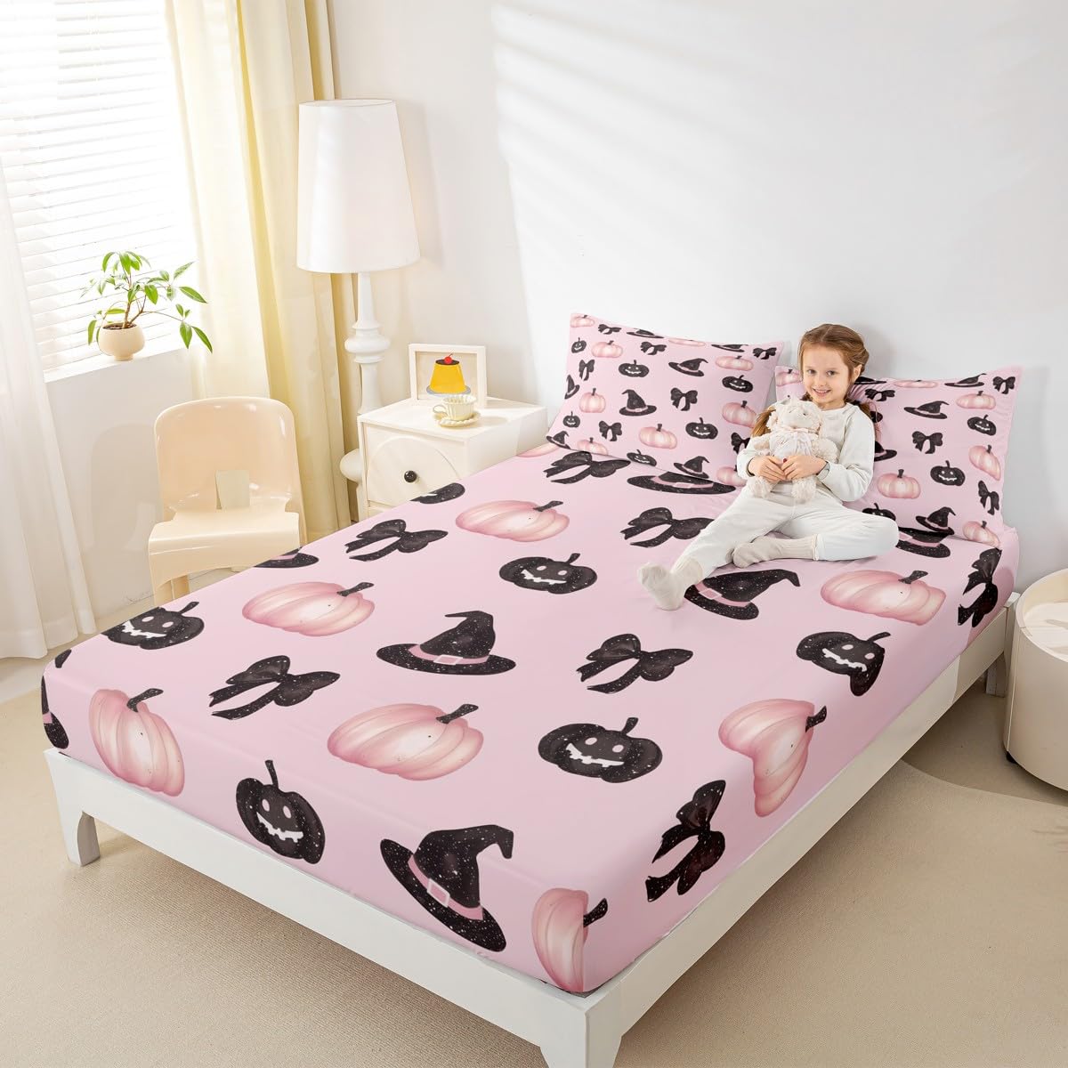 Feelyou Pink Halloween Fitted Sheet Full Size for Kids Boys Girls Black Bowknot Bed Sheets Set 16" Deep Pocket Microfiber Halloween Decor Bedding with 2 Pillowcases Trick or Treat Room Decor