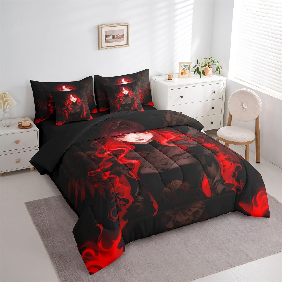 Erosebridal Japanese Anime Comforter Set Japan Ukiyoe Girl Bedding Set 7 Pieces Black and Red Anime Bed in A Bag Twin,Japanese Style Sheet Set with Comforter for Room Decor