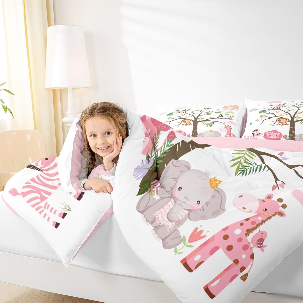 Erosebridal Pink Wildlife Comforter Set Twin Size Woodland Animals Bedding Set for Kids Girls BoysLion Giraffe Elephant Zebra Comforter Nature Safari Quilt Bedroom Decor
