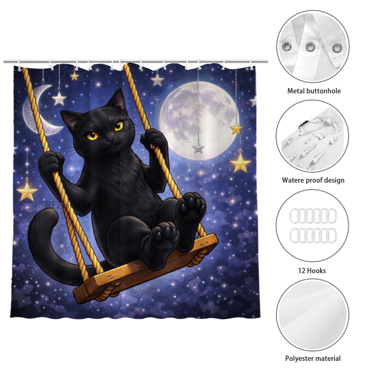 REZHOCH Funny Black Cat Shower Curtain 72x72 Inch,Cute Animal on Swing,Nature Scenery Floral Home Bathroom Decor,Waterproof Fabric Country Farmhouse Flowers Bath Set with Hooks