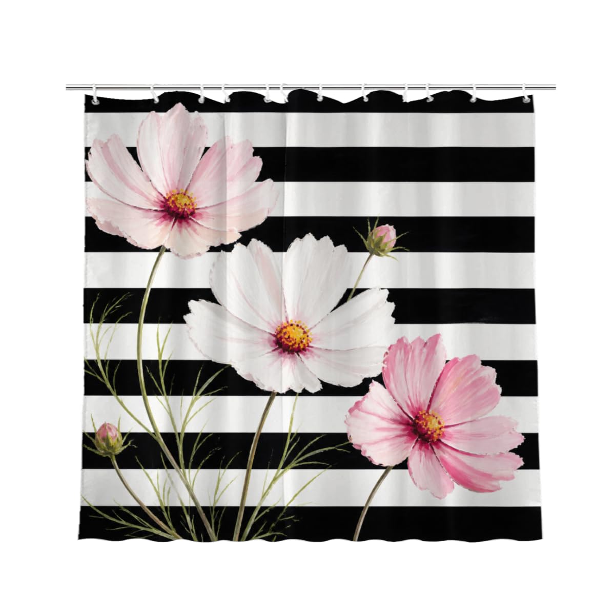 TopPacific Cosmos Flower Stripe Shower Curtain 72x72 Inch Shower Curtain with 12 Hooks Polyester Pink Cosmos Flowers Green Stems Black White Stripes Bathroom Decor