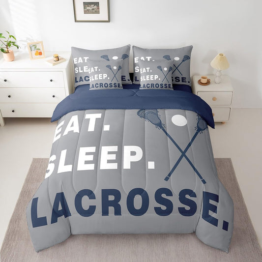 Feelyou Lacrosse Comforter Set 7 Piece Twin Size Boys Gilrs Ball Sports Theme Bedding Set for Kids Adults Soft Lacrosse Player Games Bedding Twin Comforter Set Gray Bed Set Room Decor Bed in a Bag