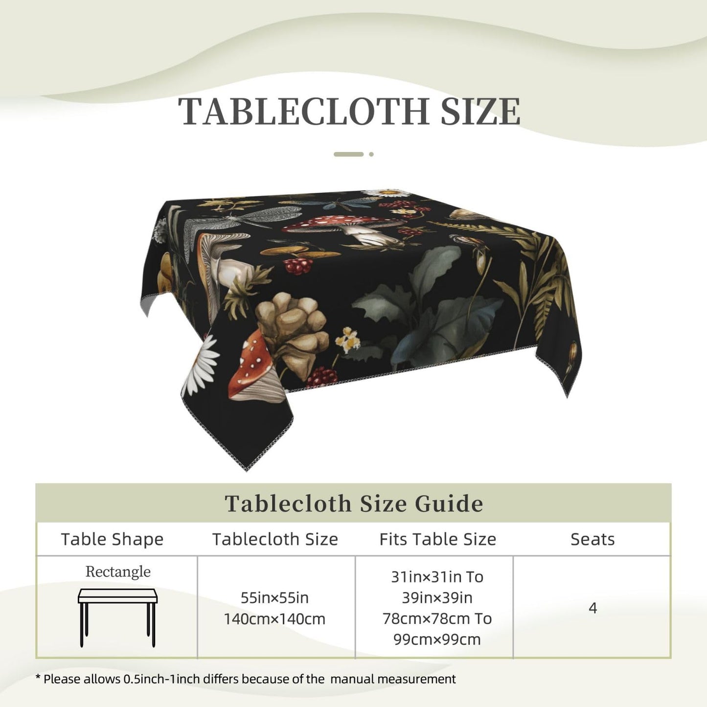 Entemne Square Table Cloth 55x55 Inch Forest Mushroom Weed Floral Tablecloth Washable Soft Wrinkle Free Dust Proof Card Table Cover for Tea Party Picnic Kitchen Dining Decor