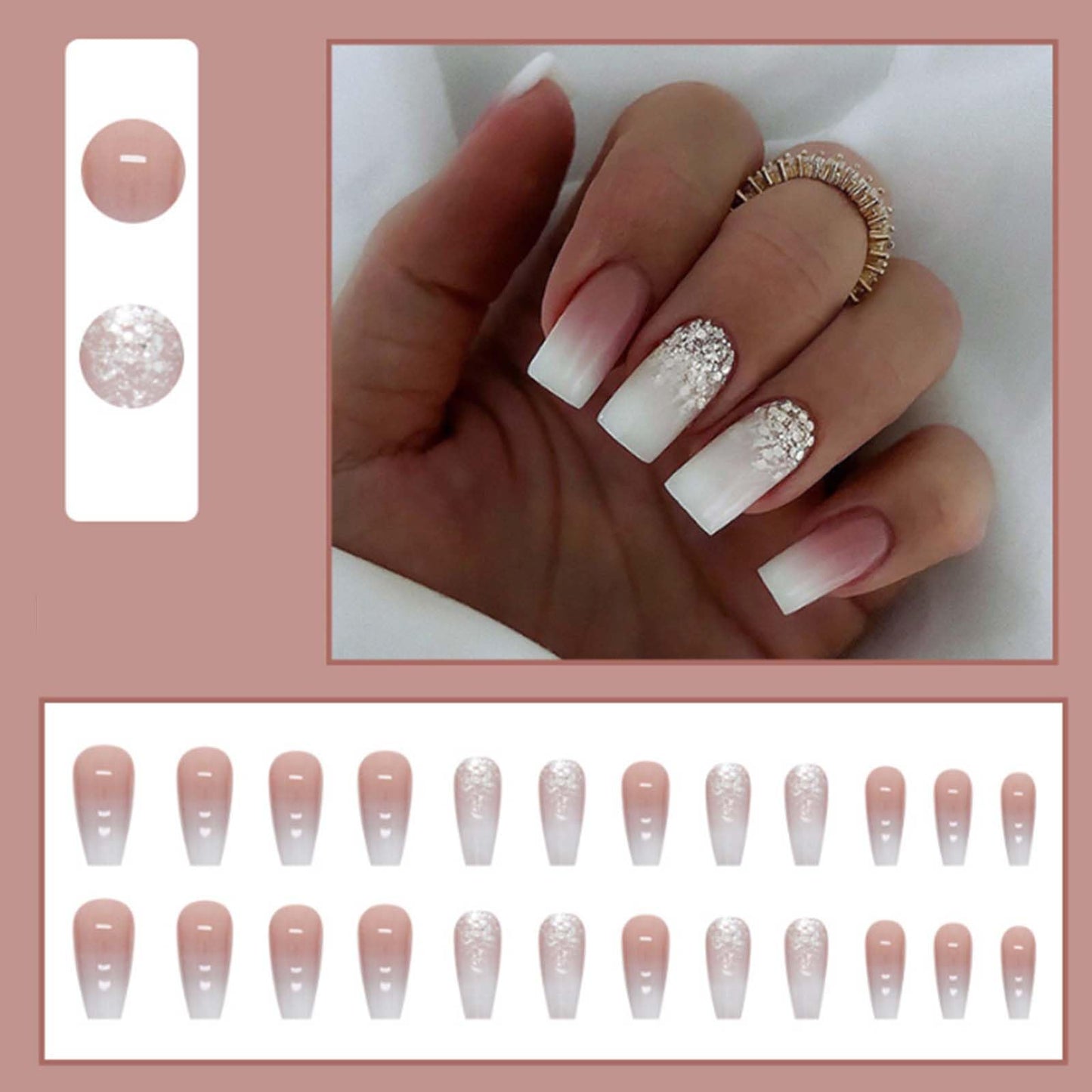 Gifiky Bling Fake Nails Long Coffin Press on Nails Gradient Cute Nails Tips Acrylic Full Cover Ballerina False Nails Nude for Women and Girls 24Pcs