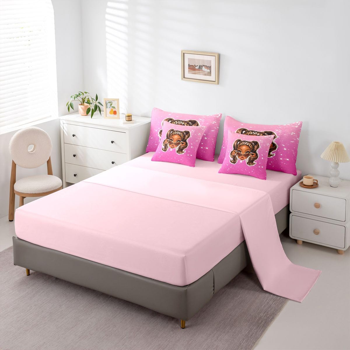 Erosebridal Cute Black Girl Twin Size Bedding Set Cool Y2K Girl 7 Pieces Comforter Set with Sheets for Teens Women Fashion Leopard Print Bed in a Bag Girly Sparkling Decor Bed Sets