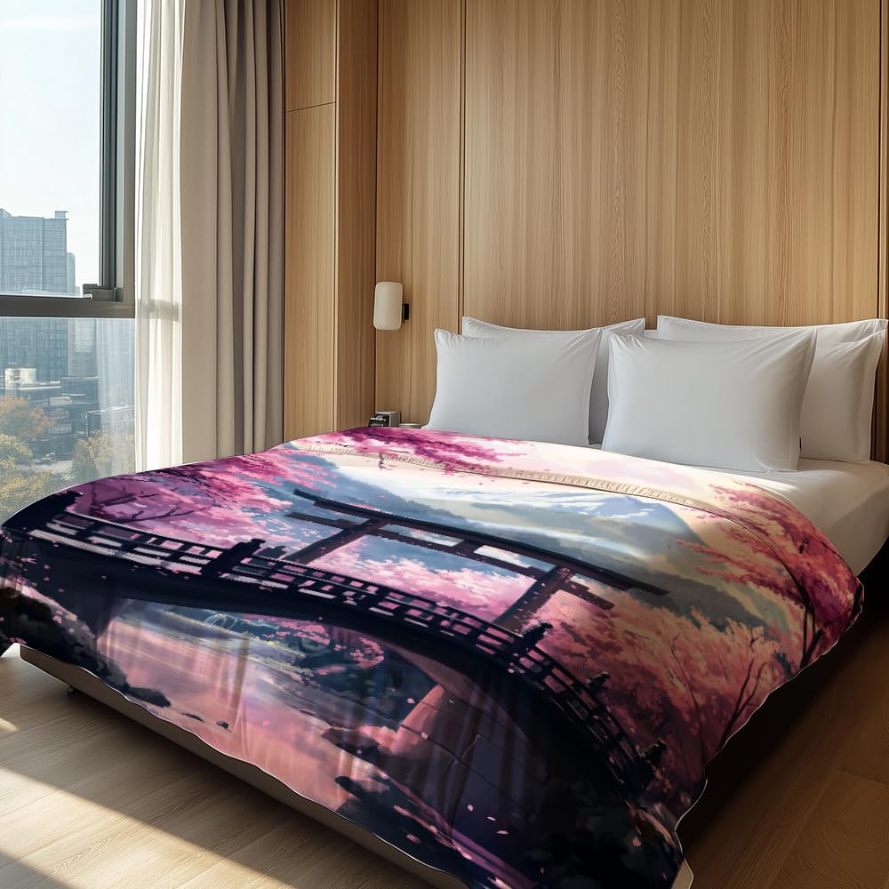 HUNXIAOJ Japanese Throw Blanket Japanese Gifts Cherry Blossom Blanket Japan Scenery Decor Warm Soft Flannel for Girls Boys Women Teens Adults Bed Sofa Couch (60 in x 80 in)