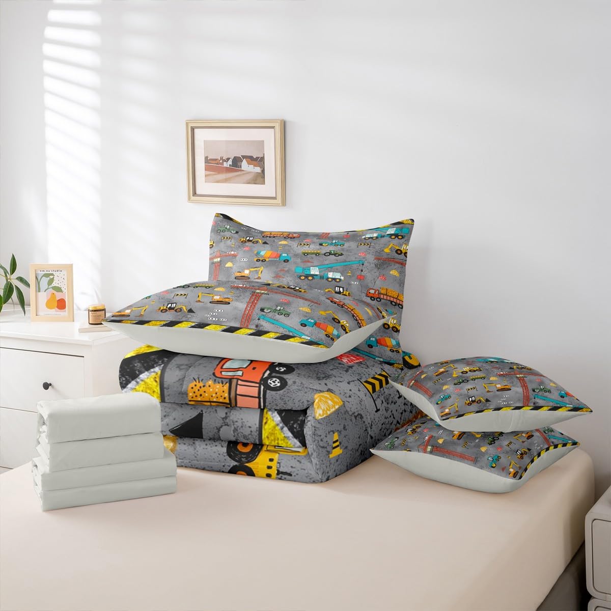 Erosebridal Kids Excavator Bed in A Bag 7 Piece Tractor Truck Comforter Set Twin Size Construction Vehicle Bedding Sets for Kids Teens Boys Girls Equipment Heavy Blender Sheet Set