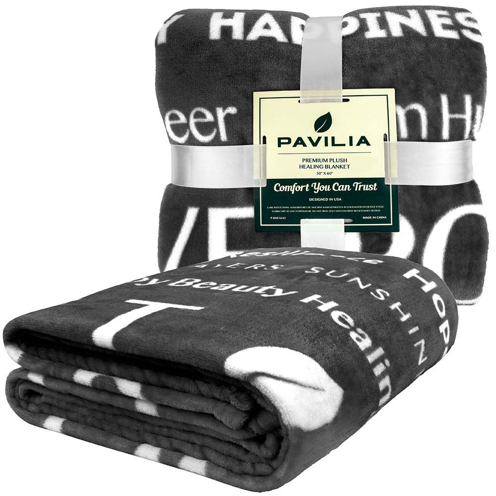 PAVILIA Healing Blanket, Get Well Soon Gift, Soft Hug Compassion Fleece Throw Blanket for Women Men, Comfort Caring Inspirational Patient Blanket, Positive Thoughts Prayer Throw, Gray