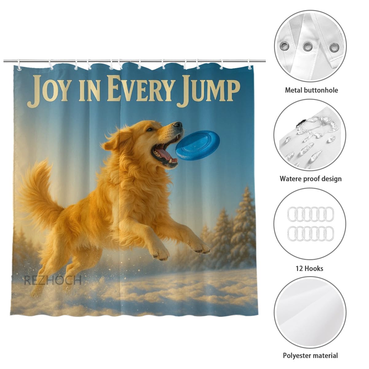 REZHOCH Golden Retriever Jump Shower Curtain Durable Waterproof Fabric Bathtub Sets Funny Animal Winter Snowy Frisbee Bathroom Home Decor Decoration 72x72inch with 12 Hooks