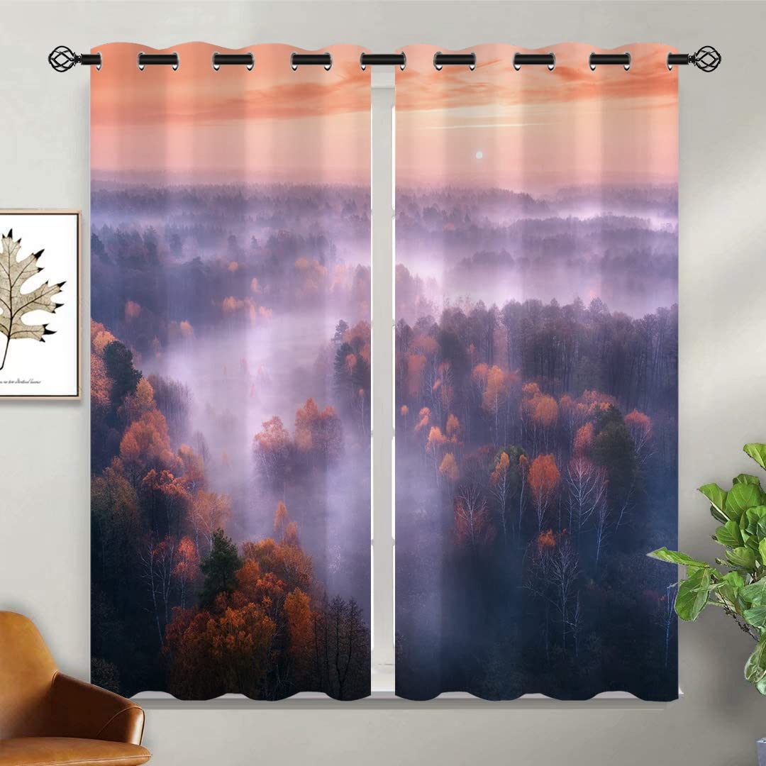 Autumn Forest Blackout Curtains for Girls Boy Home Decor, Rustic Nature Misty Foggy Red Woodland Grommet Thermal Insulated Drapes Darkening Window Curtain for Bedroom Living Room, 42 x 45 Inch