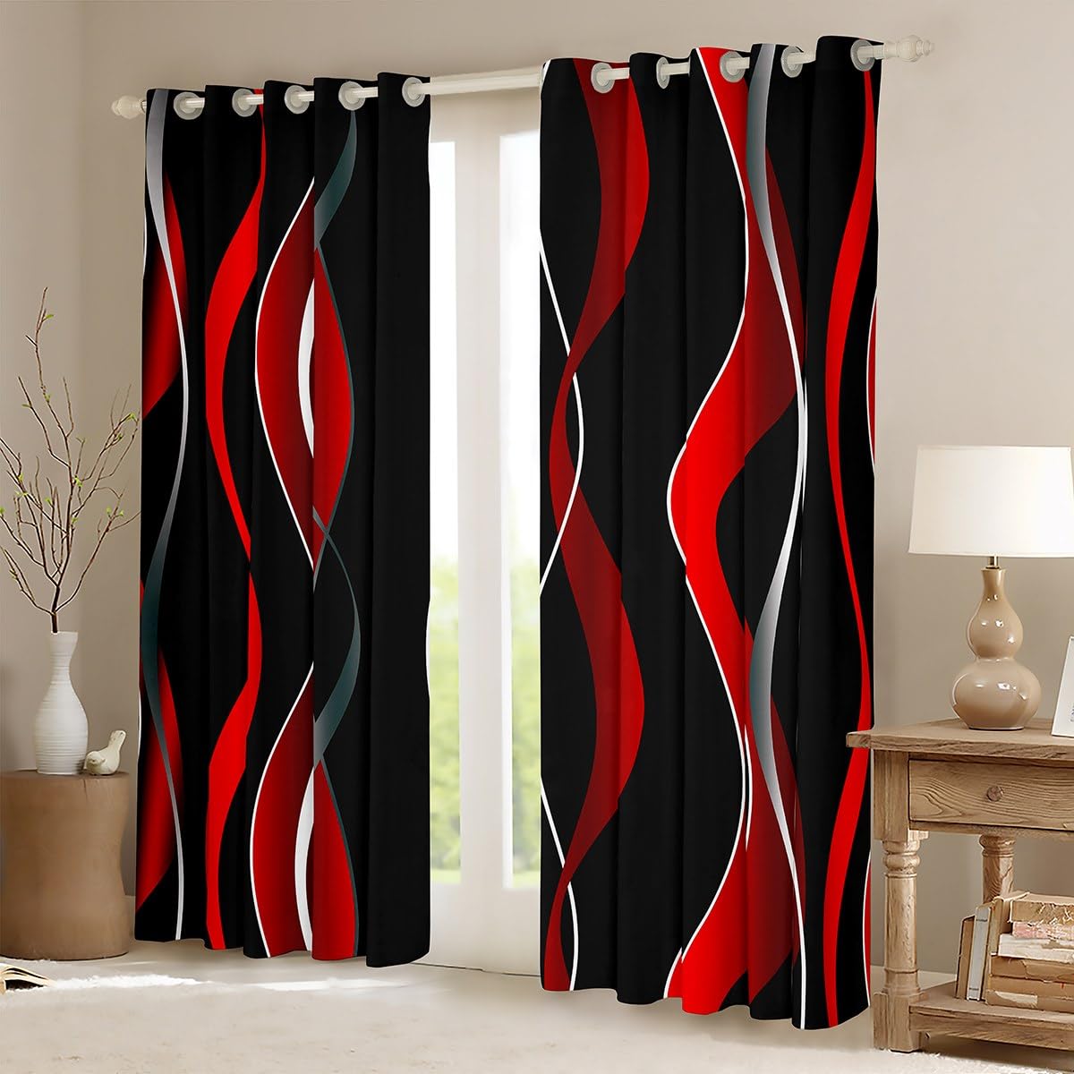 Feelyou Red Grey Black Stripe Darkening Drapes Retro Stripe Swirl Blackout Curtain Boys Geometric Pastel Gradient Stripes Window Curtains Swirl Lines Window Treatments, 2 Panels 38 x 45 Inch