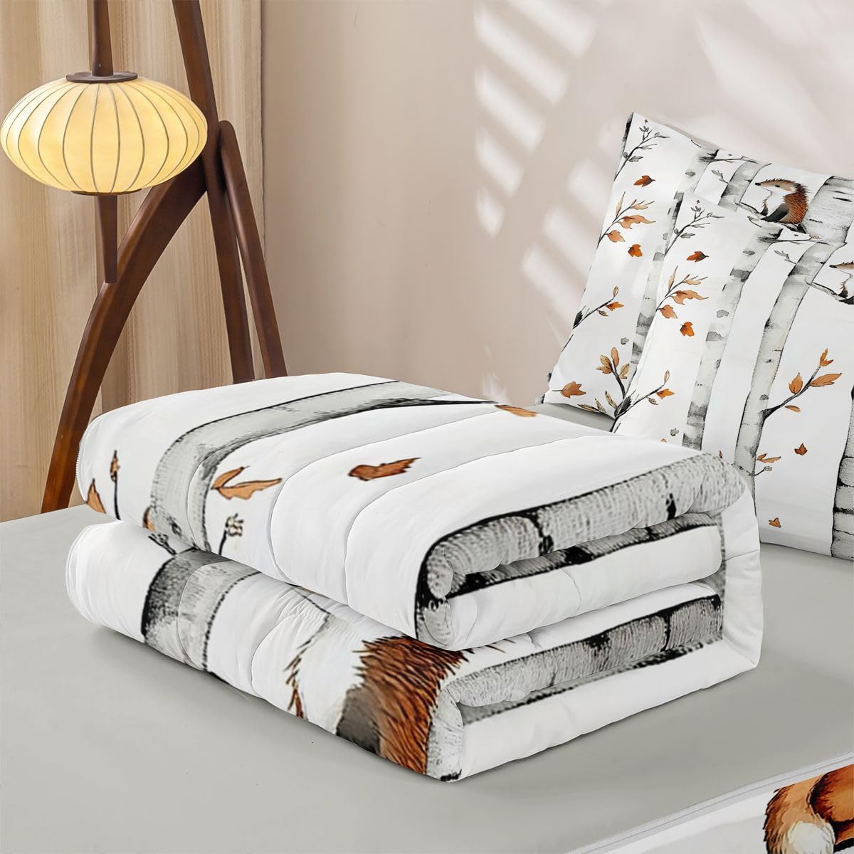 Erosebridal Cartoon Animals Zipper Comforter Set Twin Woodland Forest Bedding Set for Kids Rustic Cabin Lodge Bed in a Bag Fox Hedgehog Wildlife Botanical Branches Decor Zippered Quilt Fitted Sheet