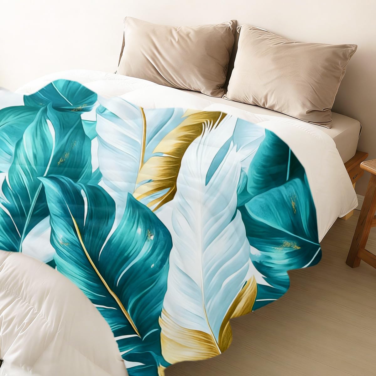 HUNXIAOJ Tropical Blankets and Throws Tropical Plant Blanket for Couch Bed Room Home Decor Tropic Leaf Throws Teal Gold Botanical Decor Flannel Gifts for Women Adults Kids 49"x59"