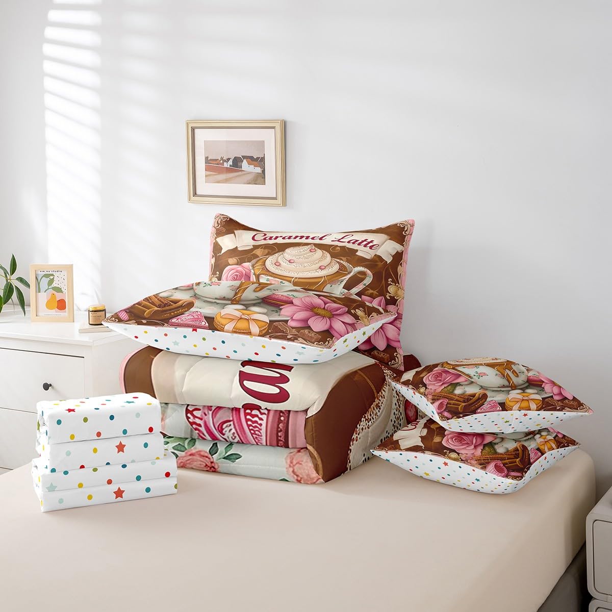 Erosebridal Caramel Lattle Bedding Set for Kids Teens,Afternoon Tea Comforter Set Full Size,Oil Painting Rose Daisy (Comforter+Fitted+Flat Sheet+2 Pillowcases+2 Throw Pillow Covers) 7 Pieces Bed Set