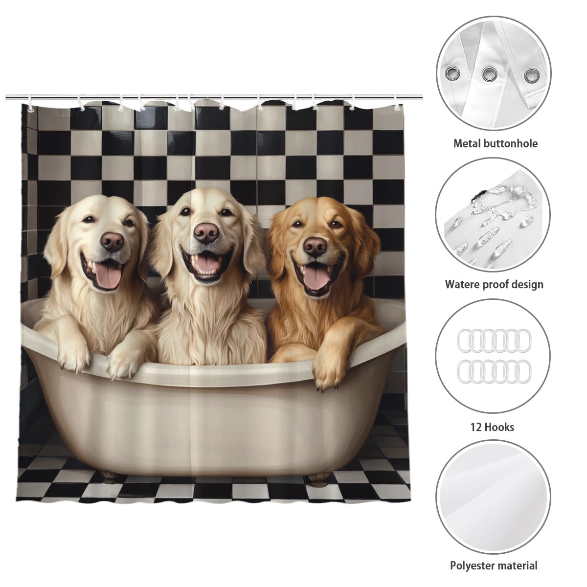 KEEPAEON Golden Retriever Shower Curtain 72Wx72H Inch Golden Retriever Bathing in Bathtub Cute Animal Shower Curtain Bathroom Waterproof Bath Decoration