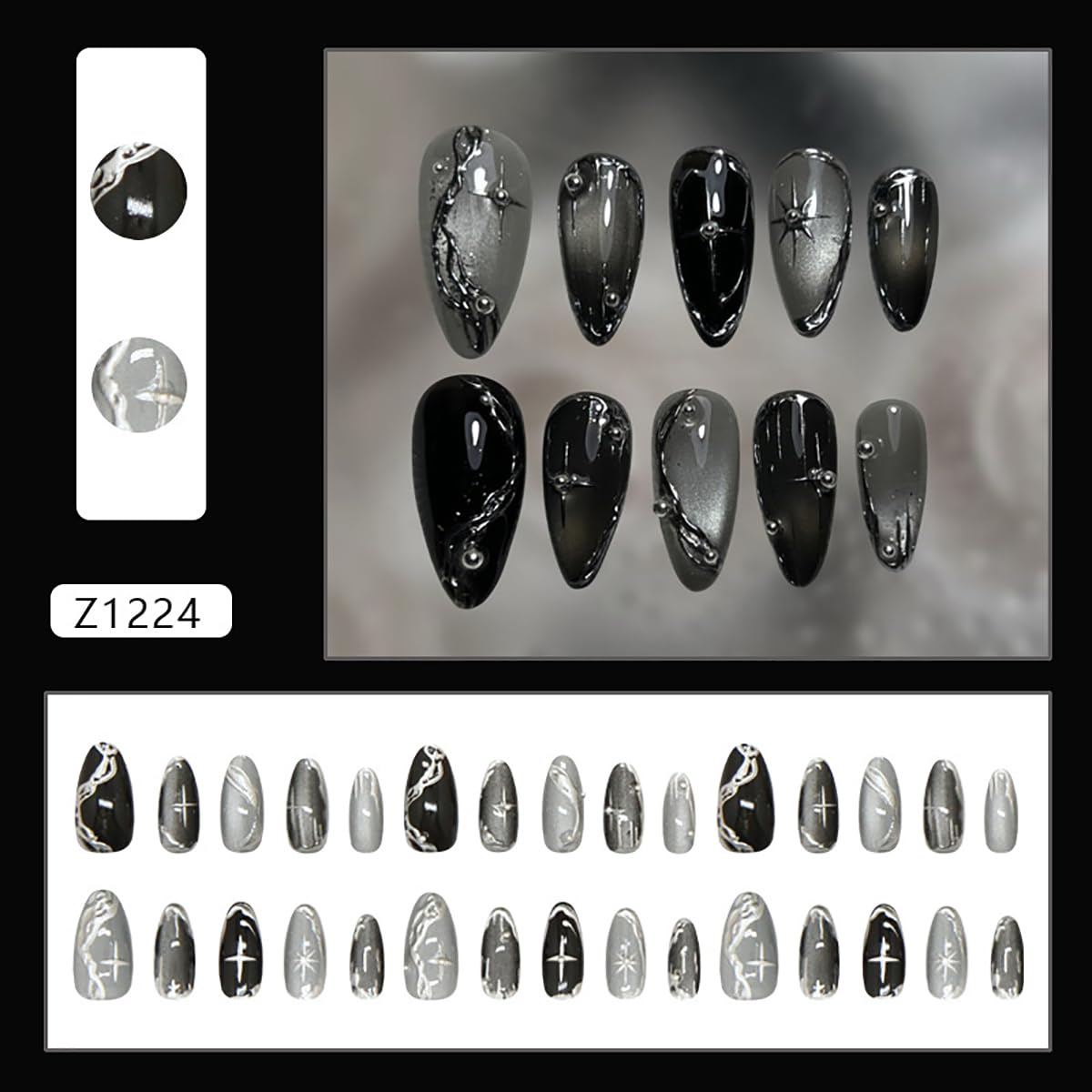 24Pcs Gothic Press on Nails Medium Almond Dark Black Fake Nails Silver Line Chrome with Rhinestones Designs Full Cover Y2k Stick on Nails Goth False Nails for Women Acrylic Nail Accessories DIY