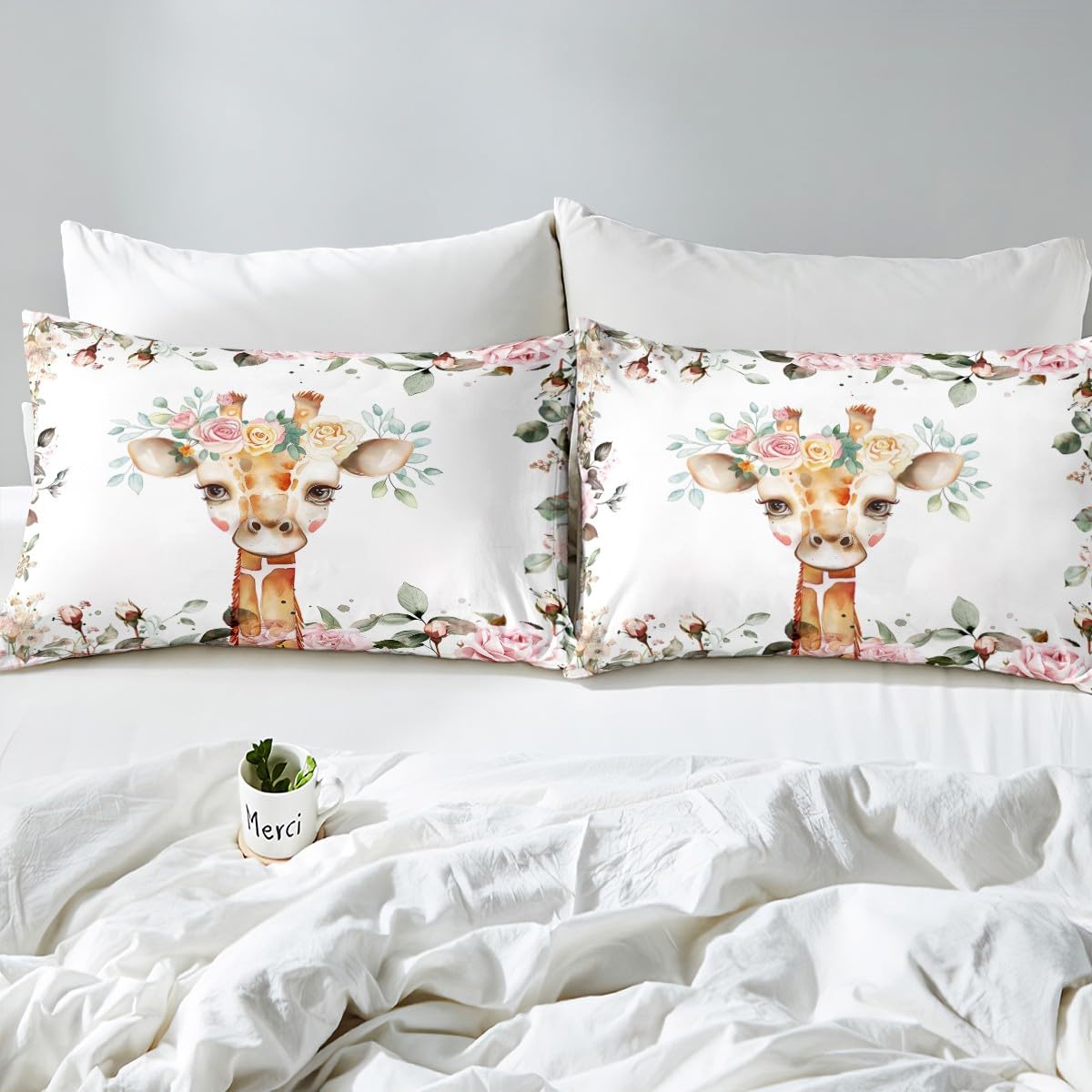 Erosebridal Cute Giraffe Sheet Set Pink Rose Bed Sheets Queen Size Girls Kids,Cartoon Animal Flat Sheet Floral Flower Fitted Sheet,Wildlife Giraffe Skin Sheets Botanical Room Decor,4Pcs…