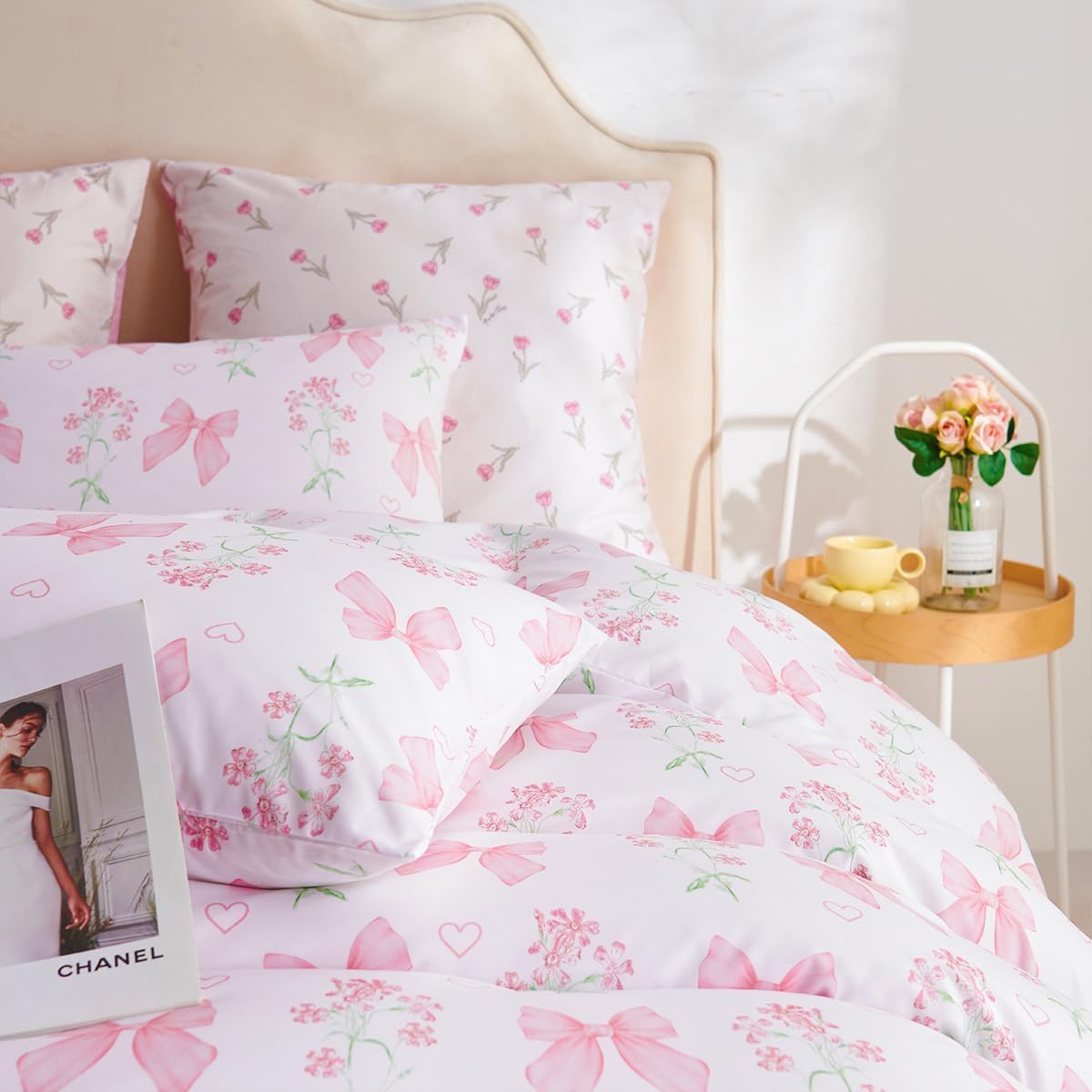 Sedefen Floral Duvet Cover Set Queen Size, 3 Pieces Pink Bow Bedding Set with Cute Heart Pattern, Romantic Spring Botanical Flower Soft Microfiber Duvet Cover for Kids Girls Bedroom & Princess Decor