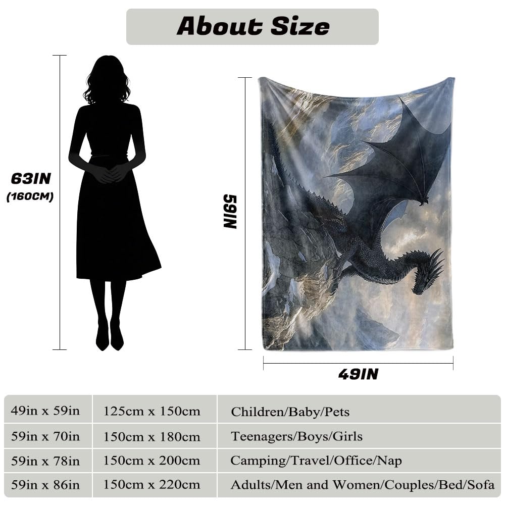 HUNXIAOJ Dragon Throw Blanket Dragon Blanket for Men Animal Throw Warm Soft Flannel for Kids Teens Adults Bed Sofa Couch (49in x 59in)