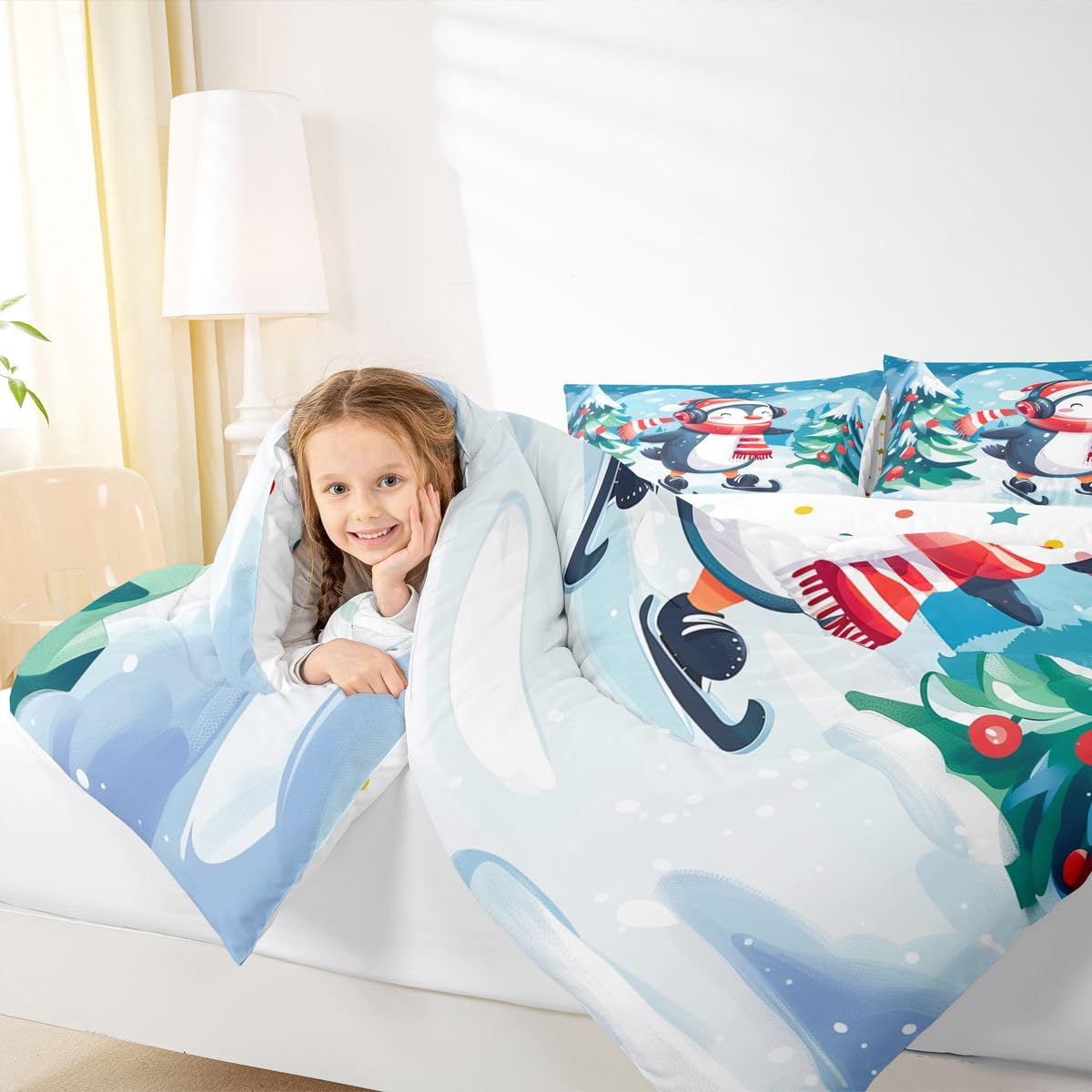 Erosebridal Cute Penguin Kids Comforter Sets Skating Penguin Queen Bedding Set for Boys Girls Antarctic Animal Sports Comforter Set,Winter Snowy Forest Quilt Duvet 3 Pcs