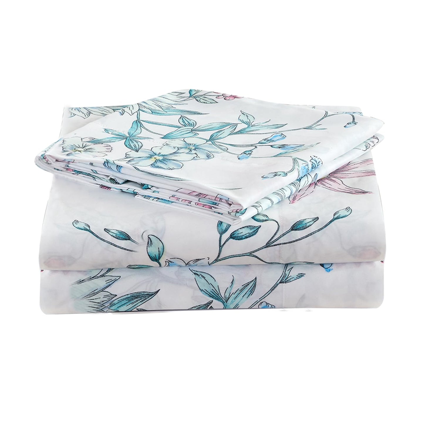 JSD White Blue Floral Printed Sheet Set Full Size, 4 Piece Botanical Microfiber Sheets Extra Deep Pocket