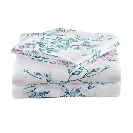 JSD White Blue Floral Printed Sheet Set Full Size, 4 Piece Botanical Microfiber Sheets Extra Deep Pocket