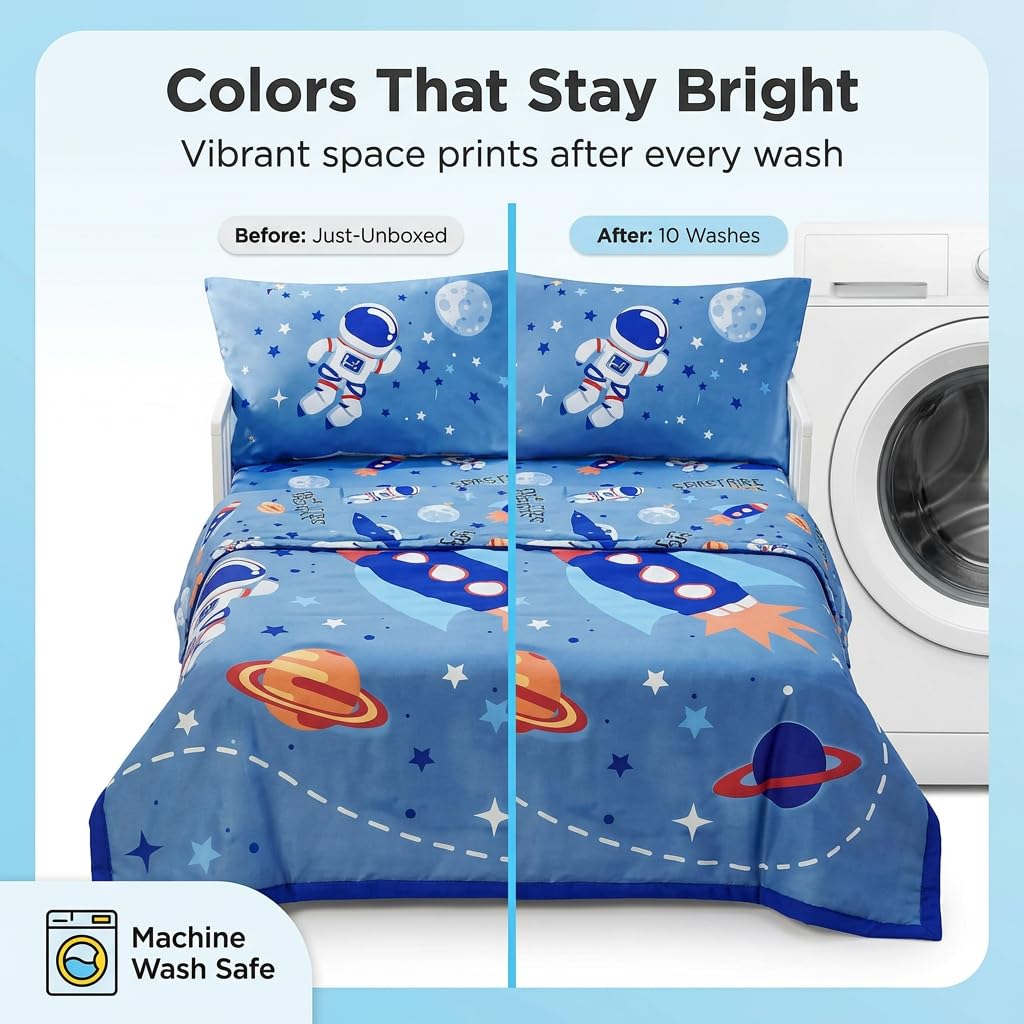 EVERYDAY KIDS 4 Piece Toddler Bedding Set - Outer Space Adventures - Includes Comforter, Flat Sheet, Fitted Sheet and Reversible Pillowcase