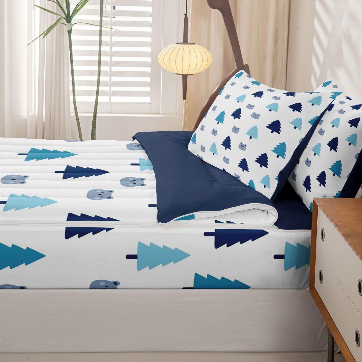 jejeloiu Cute Bear Comforter Set Twin Size Zipper Bedding Set for Girls Boys Tree Pattern Comforter with Fitted Sheet, Pillowcases Blue White Zipper Bedding Soft Breathable Wild Animal Bed in a Bag