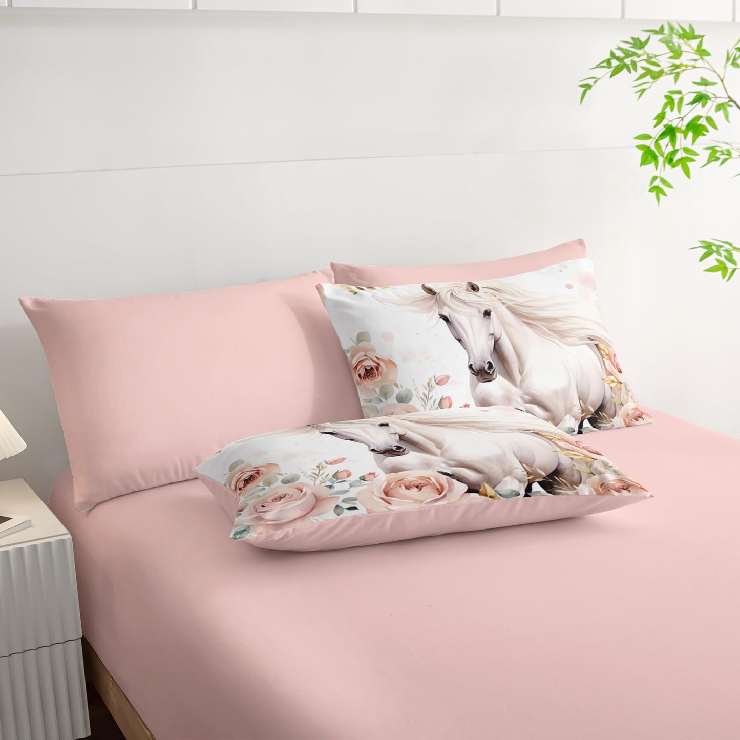 AILONEN Girls Horse Comforter Set Twin Size, Pink Flower White Bedding Set,7 Pieces Bed in a Bag,Cute Wild Animal Themed Comforter + Fitted/Flat Sheet + 2 Pillowcases + 2 Shams