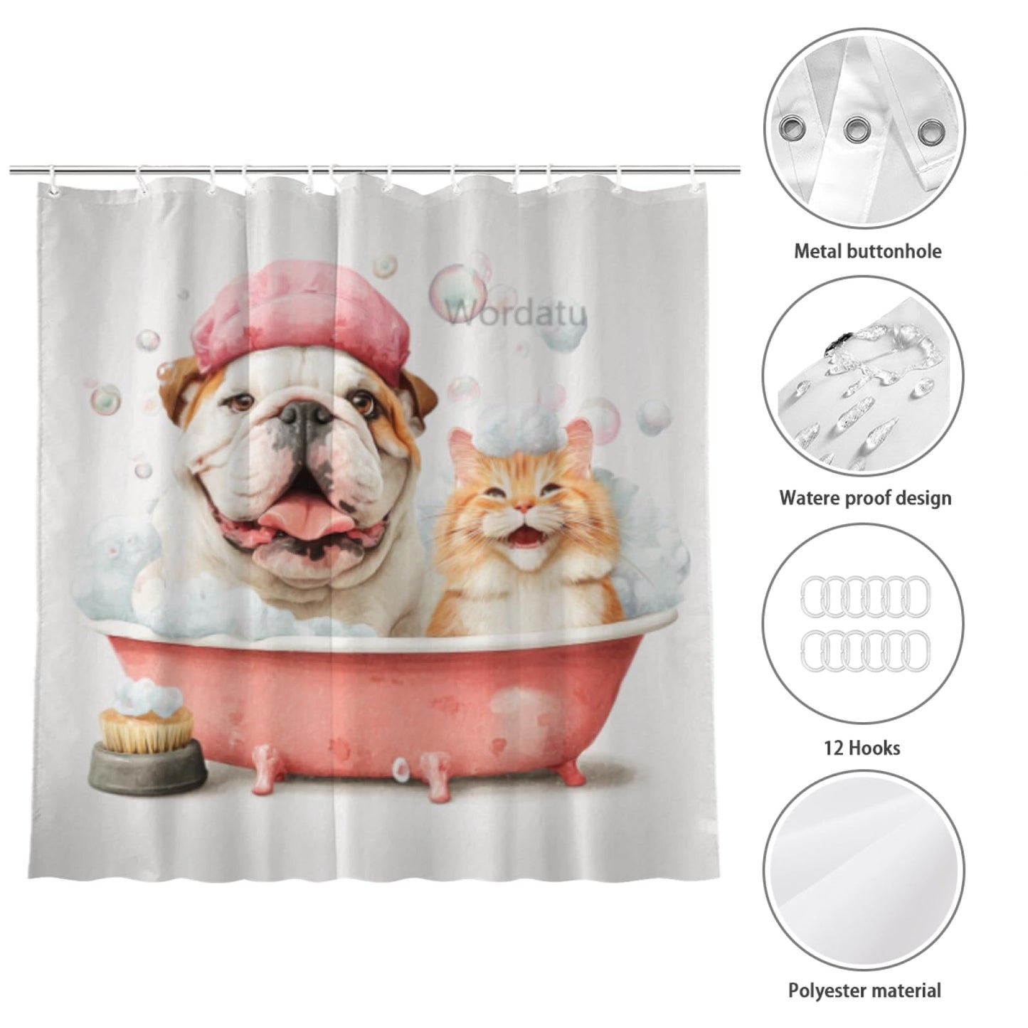 Wordatu Funny Bulldog- Shower Curtain Decor Fabric Bathroom Curtains, Kids Children Cartoon Waterproof 72x72 inch with 12 Hooks