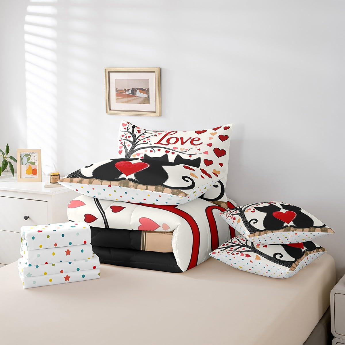 Erosebridal Cute Couple Cat Queen 7 Piece Bedding Set - Romantic Valentines Day Comforter Set with Sheets, Pink Red Love Pattern Bed in a Bag for Kids Girls Boys Women Couples Bedroom Decor