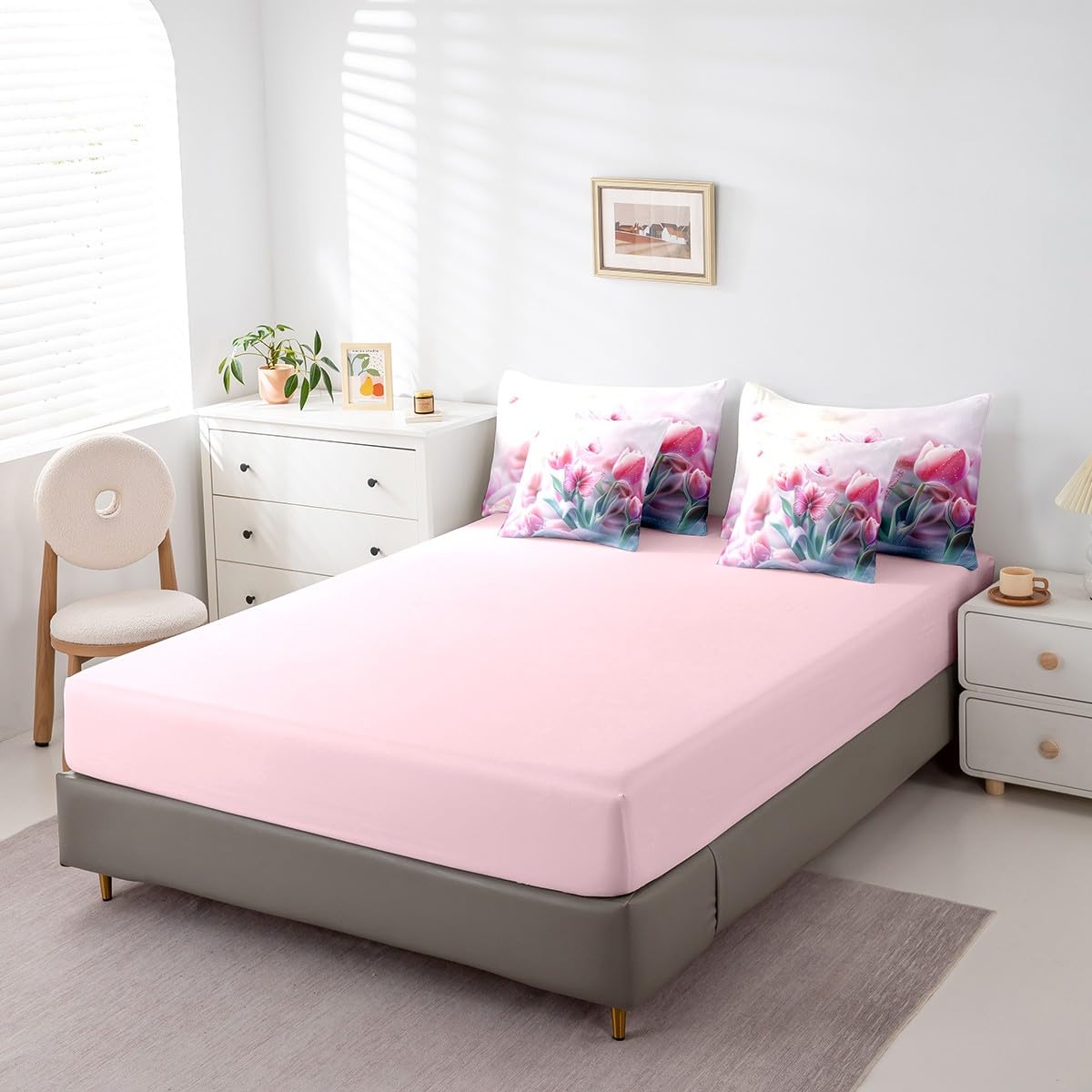 Feelyou Kids Floral Flower 7 Pieces Bedding Set Queen Size, Valentine's Day Bed in A Bag Romantic Comforter Set with Sheets Boys Girls Butterfly Teens Bed Set Bedroom Decor 7Pcs