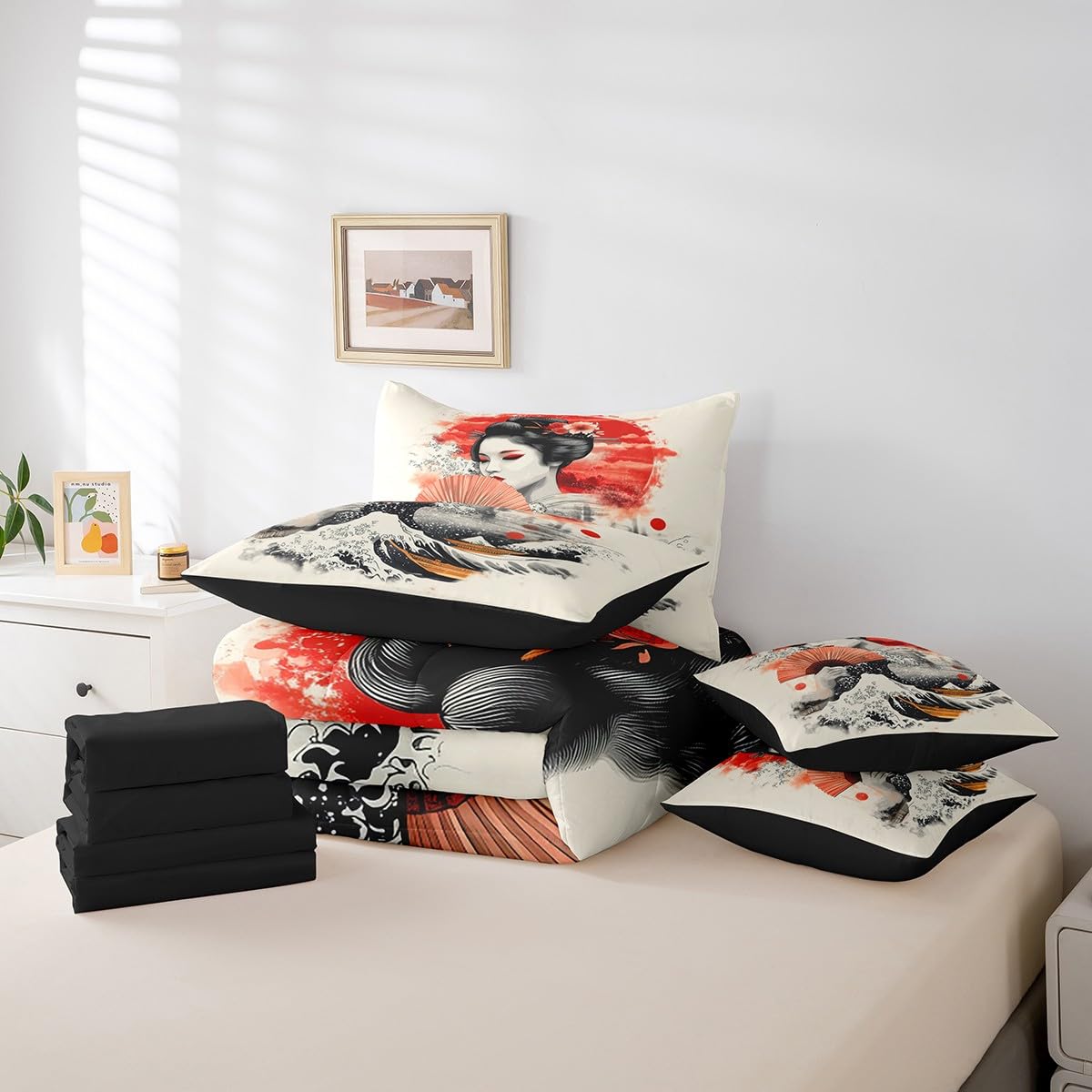 Erosebridal Geisha Female Bedding Set 7Pcs,Japanese Sea Wave Comforter Set Twin for Kids Teens Adults,Traditional Aesthetic Bed in a Bag