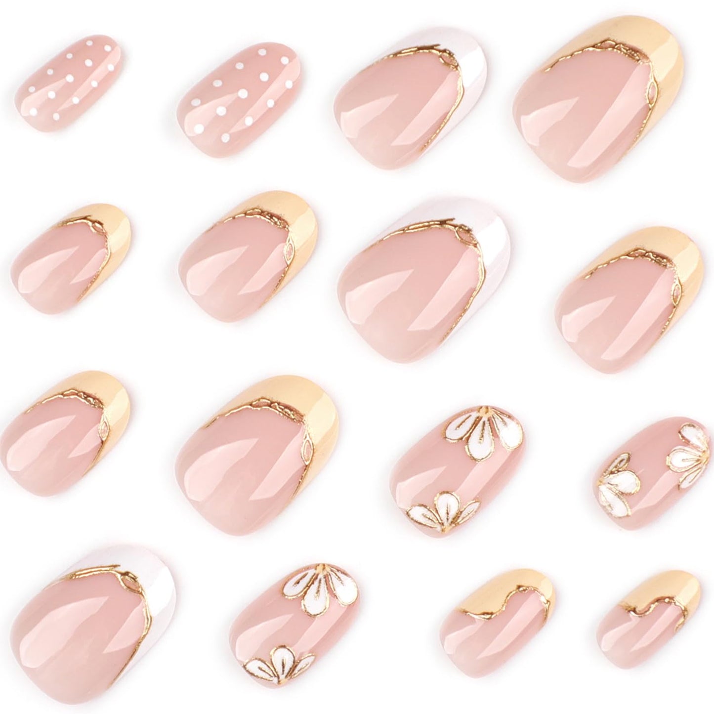 Short Oval Press On Nails Nude Pink, Yellow French Tip Fake Nails with Hand Painted Flower and Gold Outline, Cute Polka Dot Glossy Stick On Nails Reusable Full Cover False Nails for Women