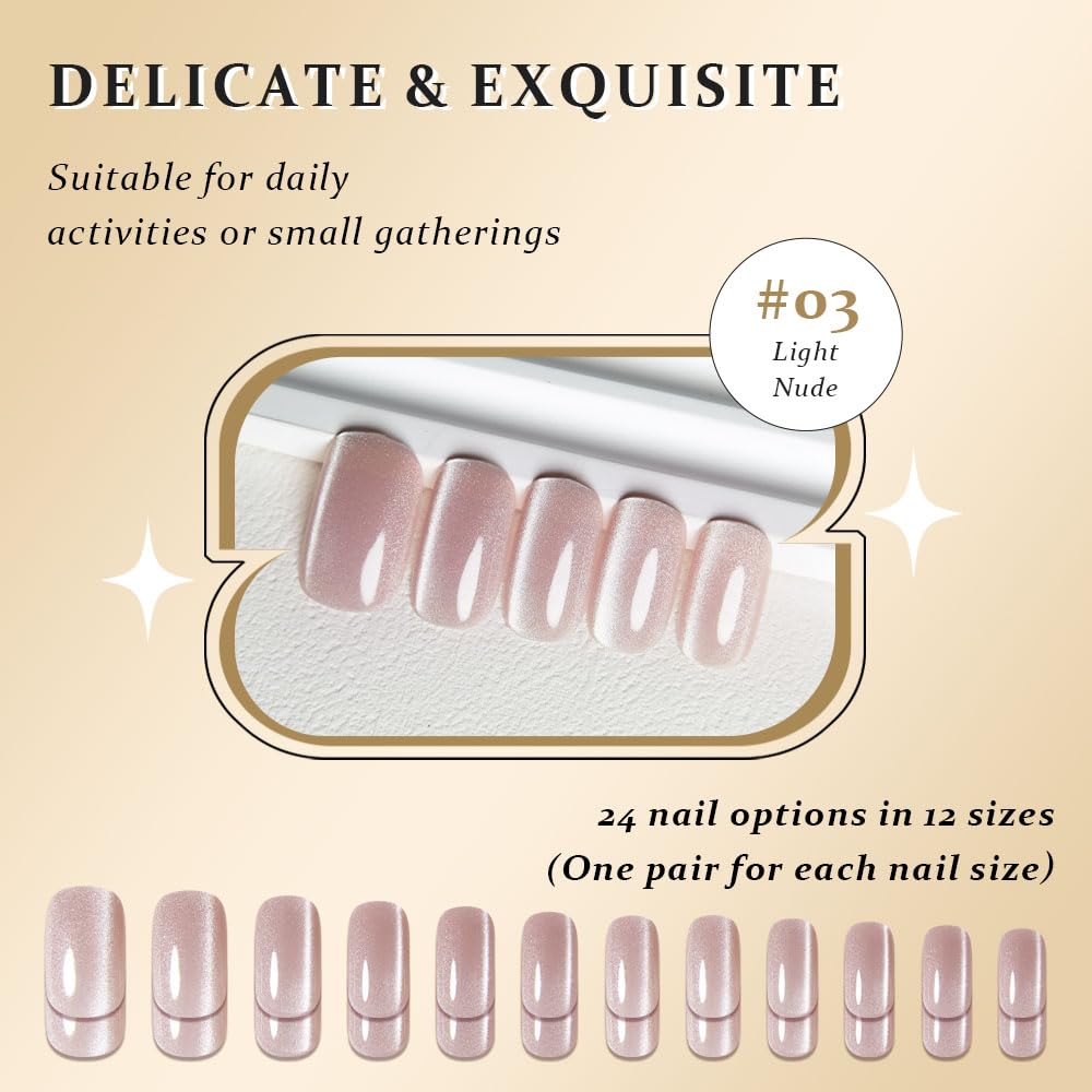 evpct Light Nude Cat Eye Press on Nails Medium Square No Glue, Medium Square Press Stick on Nails Chrome for Women, Nude Holographic Glitter Glossy Reusable Soft Acrylic Fake Nail with Cateye Design