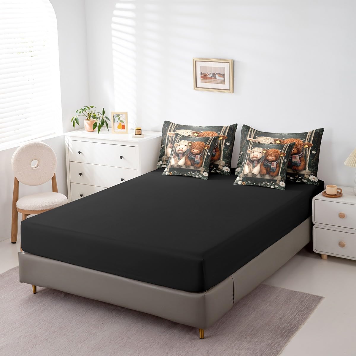 Erosebridal Comforters King Size Set with Sheets for Kids Highland Cow Bedding,7 Pieces Bed in a Bag King Western Cow Bedding Sets with Comforter, Sheets, Pillowcases and Cushion Cases