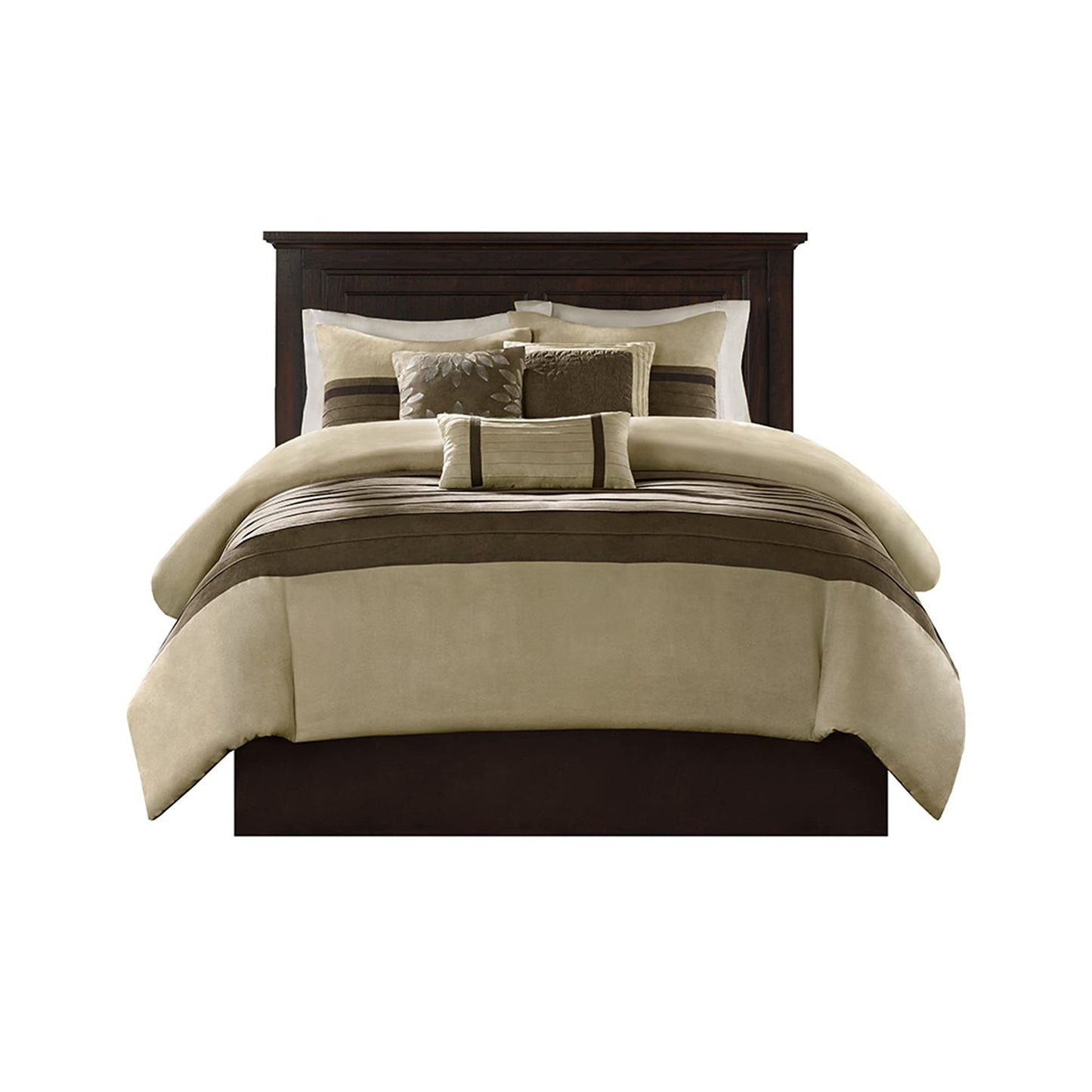 Madison Park Palmer Comforter Set-Luxury Faux Suede Design, Striped Accent, All Season Down Alternative Bedding, Matching Shams, Decorative Pillow, Bed Skirt, Queen (90 in x 90 in), Natural 7 Piece