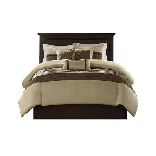 Madison Park Palmer Comforter Set-Luxury Faux Suede Design, Striped Accent, All Season Down Alternative Bedding, Matching Shams, Decorative Pillow, Bed Skirt, Queen (90 in x 90 in), Natural 7 Piece