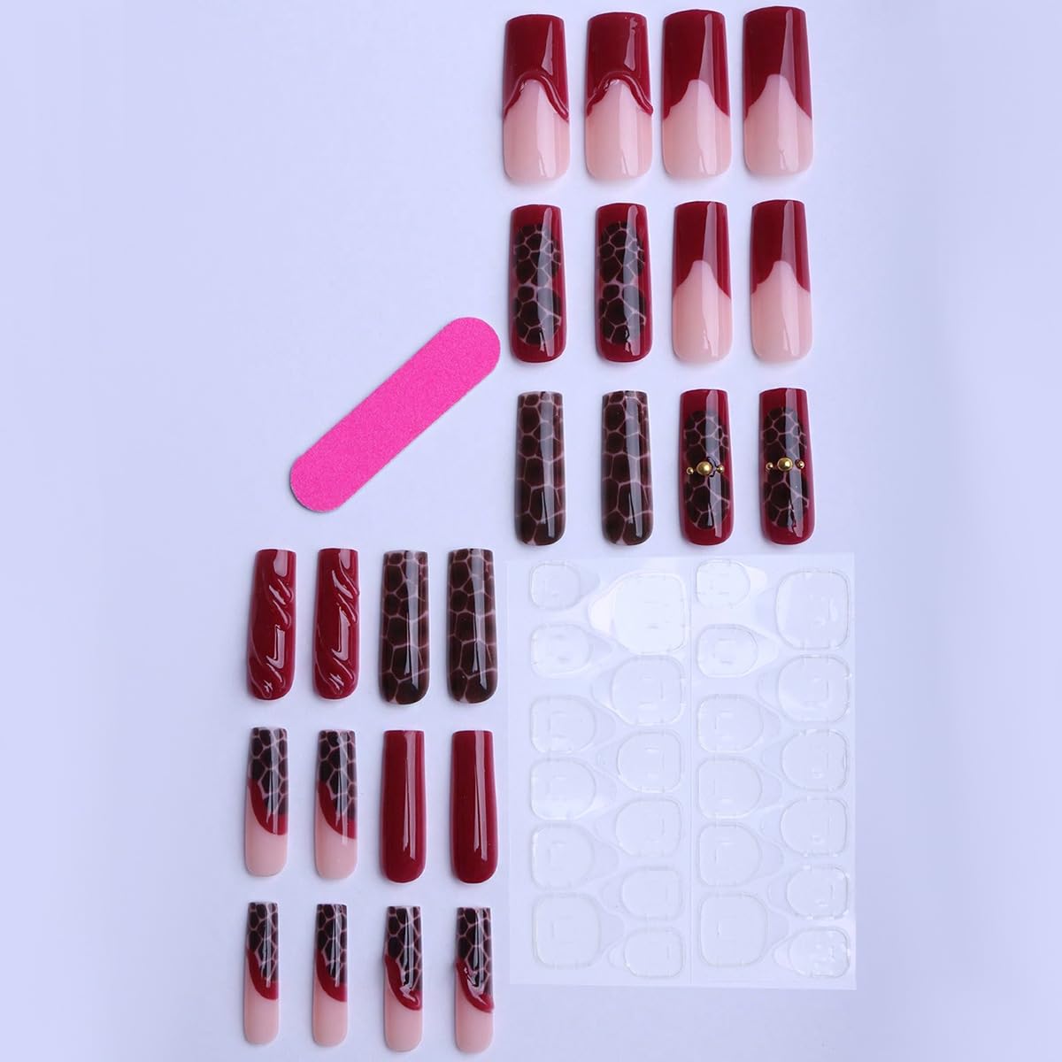 plalely Square Press on Nails Long Purple Fake Nails 3D Charm with Leopard Stick on Nail Tips for Women