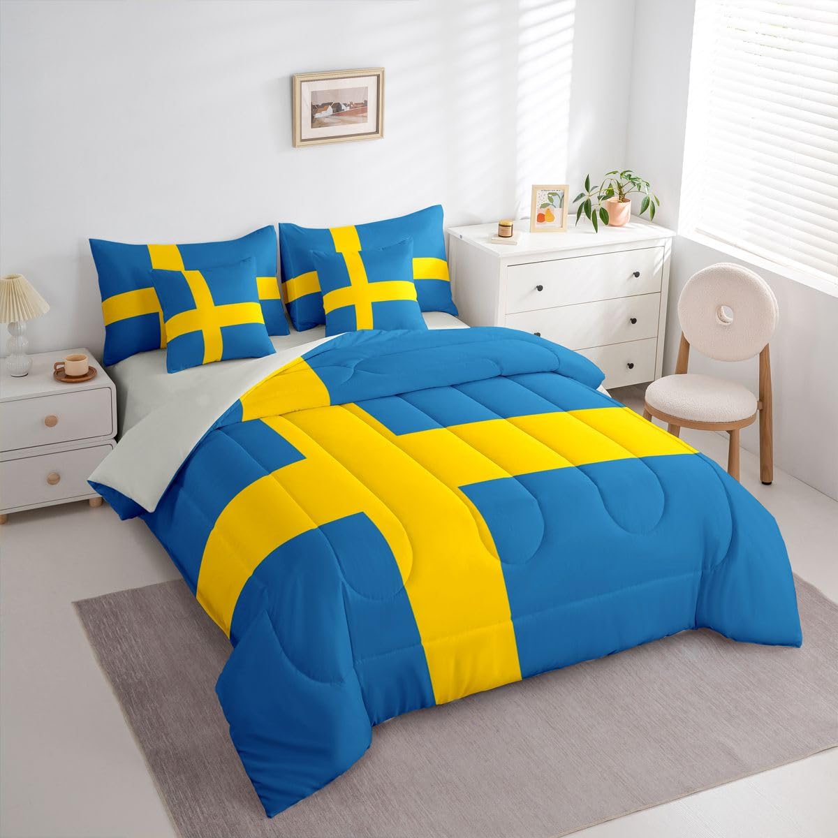 Feelyou Swedish Flag Comforter Set King Size 7 Pieces Sweden‌ Bedding Set for Kids Boys Girls World Countries Bed in a Bag with Sheets Bedroom Decor All Season Quilted Breathable Soft Lightweight