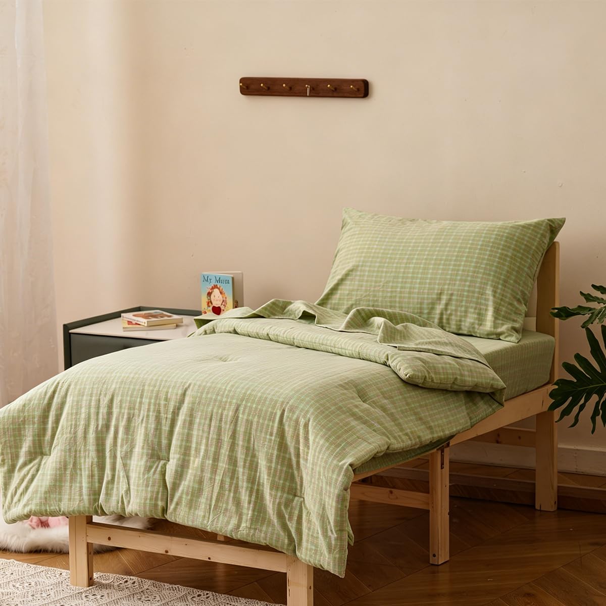 KAREVER Cotton Toddler Bedding Set Light Green Checkered 4 Pieces Grid Crib Bed Set Kids Washed Cotton Pliad Comforter Set