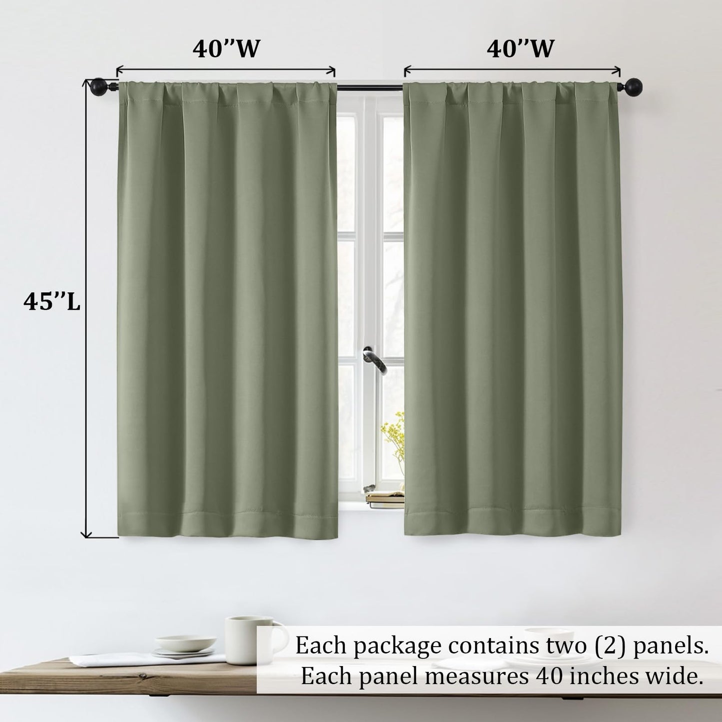OWENIE Sally Sage Green Short Blackout Curtains for Bedroom Living Room 45 Inch Length 2 Panels Set, Solid Thermal Insulated Energy Saving Window Treatment Curtains Drapes, W40 x L45, Sage Green